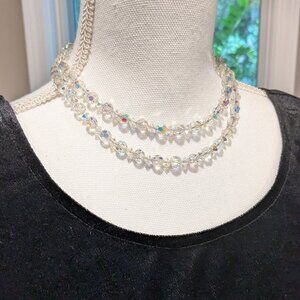 Vintage 1950s/60s 2-Strand Aurora Borealis Crystal Choker Necklace Fancy Filigre